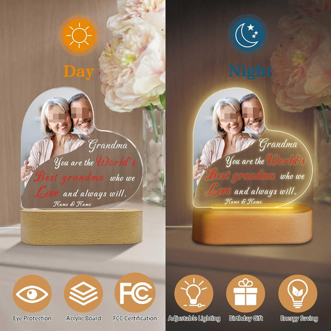 UUBAO Personalized Mother's Day Night Light Gift with Wooden Base Custom Photo Acrylic Plaque LED Night Lamp Gift for Grandma