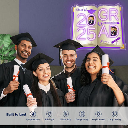 UUBAO Personalized Graduation Gift Neon Signs Congrats Grad LED Light Signs with Photo 2025 Party Backdrop Light Sign Decor (Purple)
