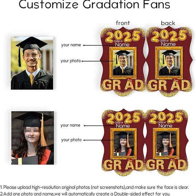 UUBAO Personalized Graduation Double Sided Face Fan Class of 2025 Customized Graduation Head Face Cutout with Handle Fun Photo Prop Supplies(Maroon)
