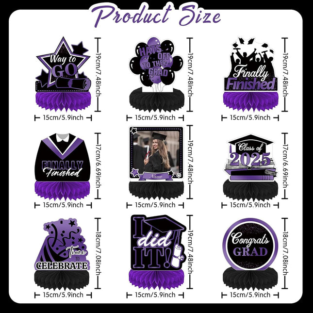 UUBAO 9 PCS Custom Graduation Party Honeycomb Centerpieces Class of 2025 Congrats Grad Decorations Congratulate Graduation Table Toppers for Graduation Party Favor Supplies (Purple)