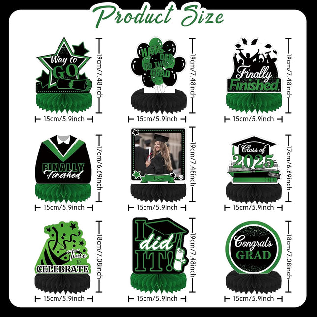 UUBAO 9 PCS Custom Graduation Party Honeycomb Centerpieces Class of 2025 Congrats Grad Decorations Congratulate Graduation Table Toppers for Graduation Party Favor Supplies (Dark Green)