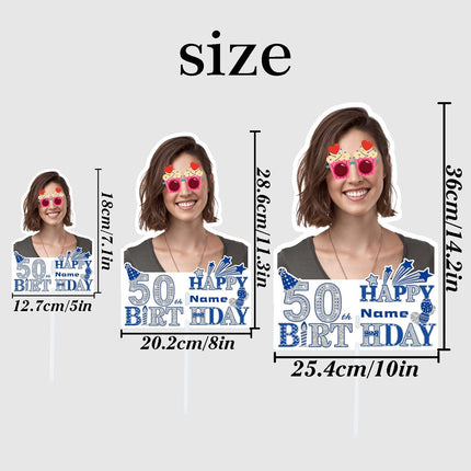 UUBAO Custom Happy Birthday Face Cutout Fans Personalized Photo Prop Signs for Birthday Party(Blue and Silver