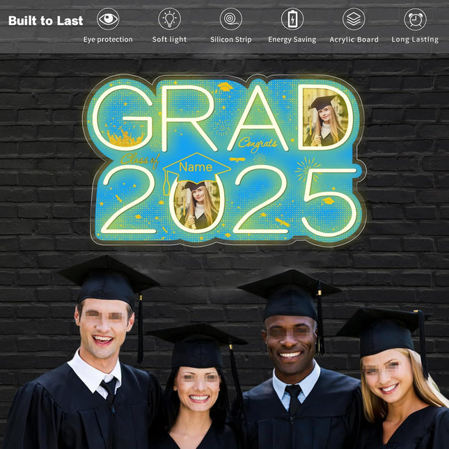UUBAO Personalized Graduation Gift Neon Signs Congrats Grad LED Light Signs with Photo 2025 Party Backdrop Light Sign Decor (Sky Blue)