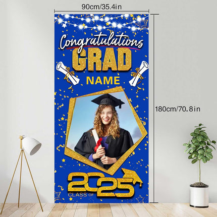UUBAO Custom Graduation Party Decorations Personalization Banner Class of 2025 Backdrop Door Cover (Blue and Gold)