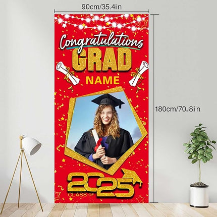 UUBAO Custom Graduation Party Decorations Personalization Banner Class of 2025 Backdrop Door Cover (Red and Gold)