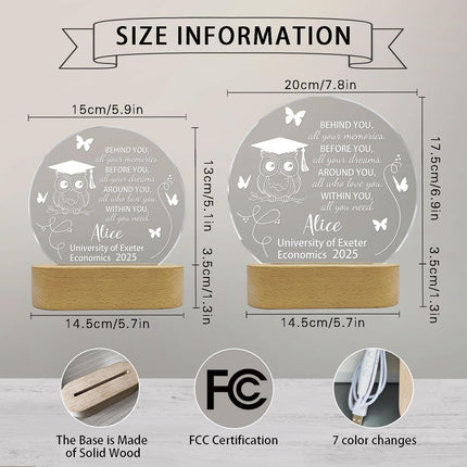 UUBAO Personalized Graduation Lamp Gifts for Her or Him Class of 2025 Custom Name College & Year Congrats Grad 3D Illusion Night Light Decoration for High School Graduation or University (Owl)