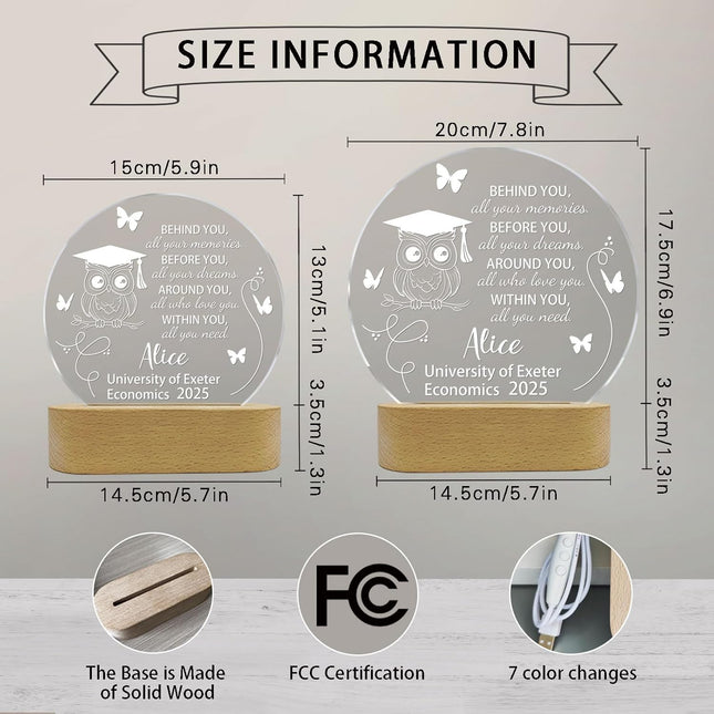 UUBAO Personalized Graduation Lamp Gifts for Her or Him Class of 2025 Custom Name College & Year Congrats Grad 3D Illusion Night Light Decoration for High School Graduation or University (Owl)