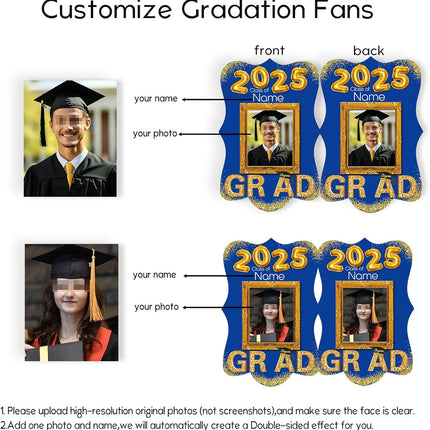 UUBAO Personalized Graduation Double Sided Face Fan Class of 2025 Customized Graduation Head Face Cutout with Handle Fun Photo Prop Supplies(Blue and Gold)