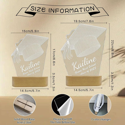 UUBAO Personalized Graduation Lamp Gifts for Her or Him Class of 2025 Custom Name College & Year Congrats Grad 3D Illusion Night Light Decoration for High School Graduation or University (Mortarboard)