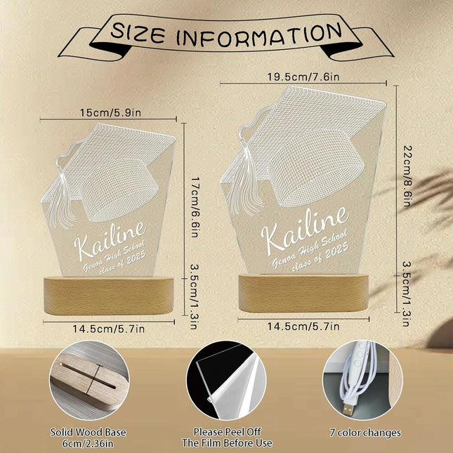 UUBAO Personalized Graduation Lamp Gifts for Her or Him Class of 2025 Custom Name College & Year Congrats Grad 3D Illusion Night Light Decoration for High School Graduation or University (Mortarboard)