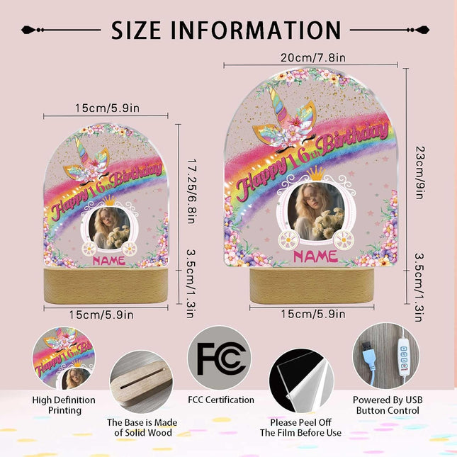 UUBAO Personalized Happy Birthday Night Light Gift with Photo Customized Acrylic Lamp for Her Mom Daughter Grandma Nana(Unicorn)