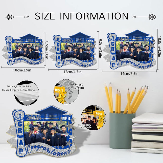 UUBAO Customized Graduation Plaque with Photo Crystal Desktop Keepsake Gift (Blue and Silver)