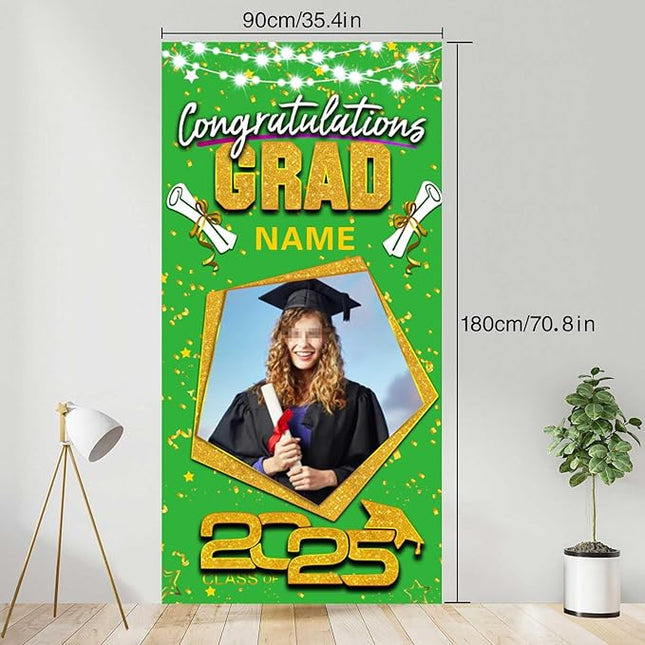 UUBAO Custom Graduation Party Decorations Personalization Banner Class of 2025 Backdrop Door Cover (Light Green and Gold)