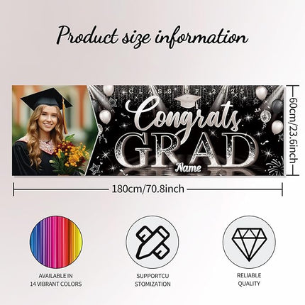 UUBAO Custom Graduation Party Decorations Personalization Banner Class of 2025 Backdrop (Black and Silver）
