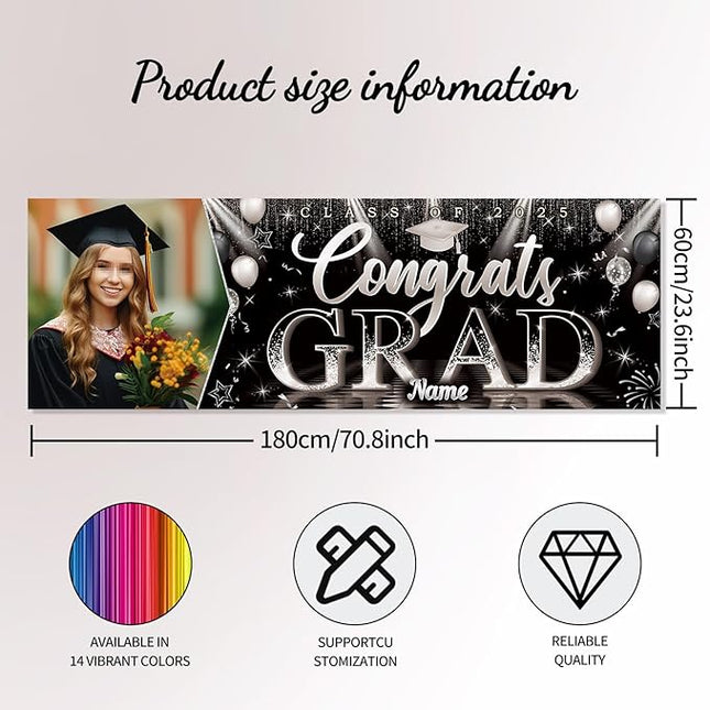 UUBAO Custom Graduation Party Decorations Personalization Banner Class of 2025 Backdrop (Black and Silver）