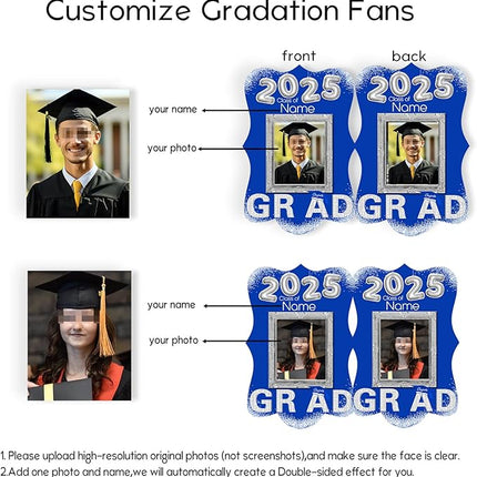UUBAO Personalized Graduation Double Sided Face Fan Class of 2025 Customized Graduation Head Face Cutout with Handle Fun Photo Prop Supplies(Blue and Silver)