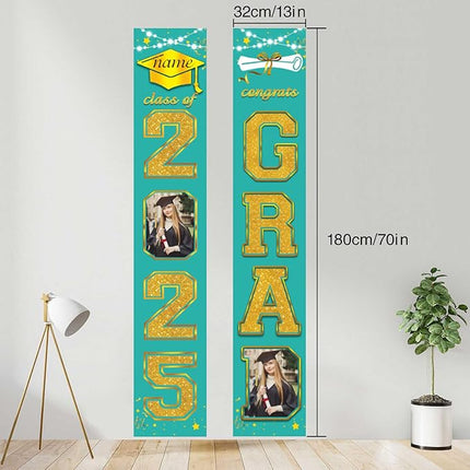 UUBAO Custom Graduation Party Decorations 2025 Personalization Congrats Grad Banner Graduation Front Door Porch Sign Backdrop(Peacock Blue and Gold)
