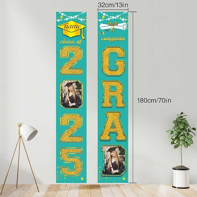 UUBAO Custom Graduation Party Decorations 2025 Personalization Congrats Grad Banner Graduation Front Door Porch Sign Backdrop(Peacock Blue and Gold)