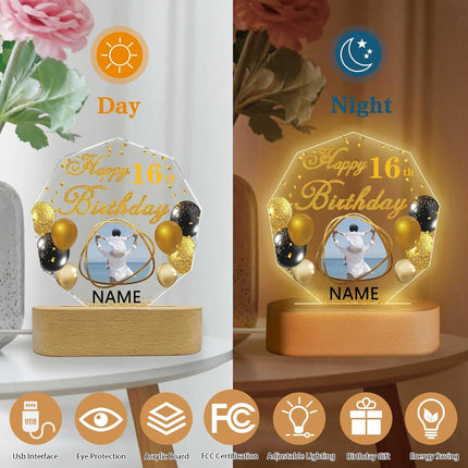 UUBAO Personalized Happy Birthday Night Light Gift with Photo Customized Acrylic Lamp for Her Mom Daughter Grandma Nana(Black and Gold)
