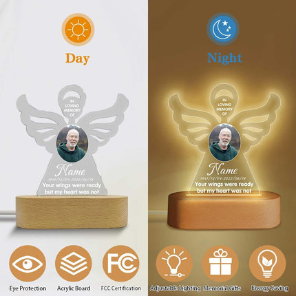 UUBAO Personalized Memorial Gift Photo Night Light Customized Light Up Acrylic Plaque Lamp Sympathy Bereavement Remembrance Gift(Angel Wing)
