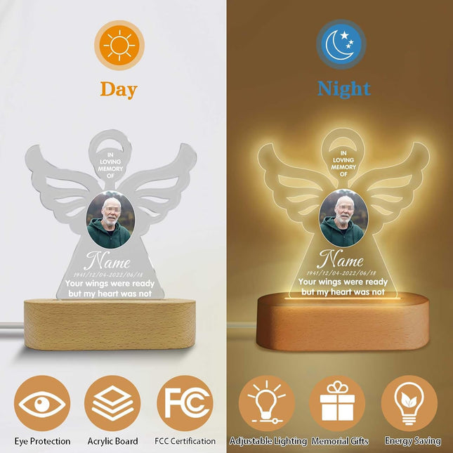 UUBAO Personalized Memorial Gift Photo Night Light Customized Light Up Acrylic Plaque Lamp Sympathy Bereavement Remembrance Gift(Angel Wing)