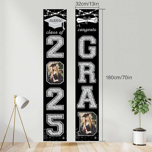 UUBAO Custom Graduation Party Decorations 2025 Personalization Congrats Grad Banner Graduation Front Door Porch Sign Backdrop(Black and Silver)