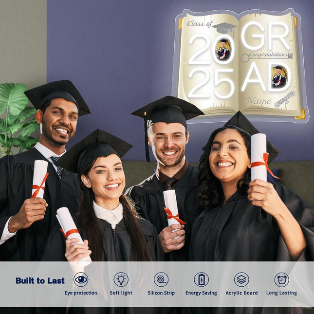 UUBAO Personalized Graduation Gift Neon Signs Congrats Grad LED Light Signs with Photo 2025 Party Backdrop Light Sign Decor (White and Silver)