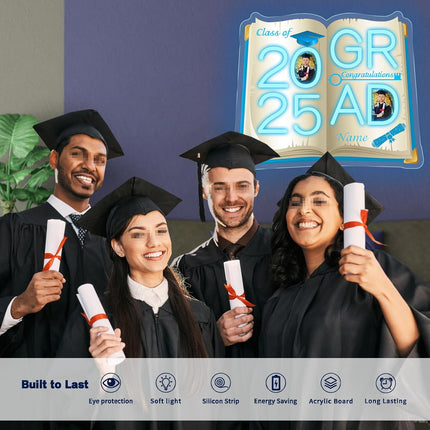 UUBAO Personalized Graduation Gift Neon Signs Congrats Grad LED Light Signs with Photo 2025 Party Backdrop Light Sign Decor (Sky Blue)