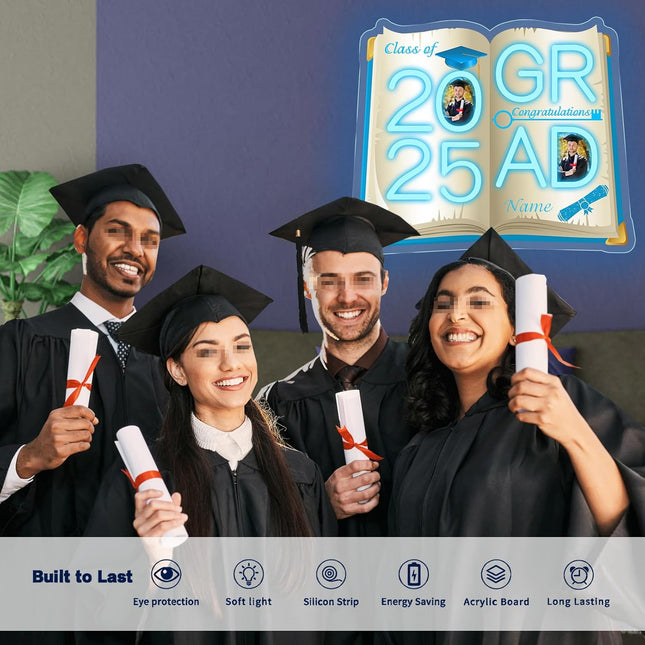 UUBAO Personalized Graduation Gift Neon Signs Congrats Grad LED Light Signs with Photo 2025 Party Backdrop Light Sign Decor (Sky Blue)