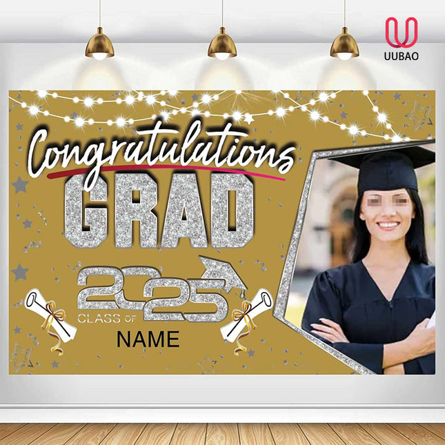UUBAO Custom Graduation Party Decorations Personalization Banner Class of 2025 Backdrop (Champagne and Silver）