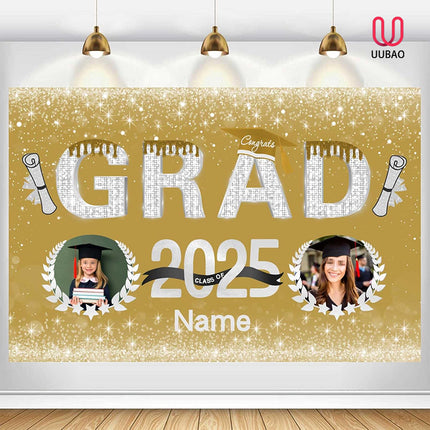 UUBAO Custom Graduation Party Decorations Personalization Banner Class of 2025 Backdrop (Champagne and Silver）