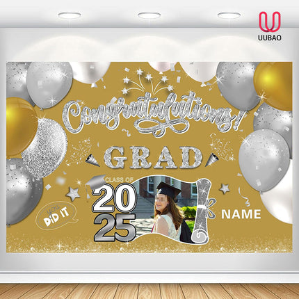 UUBAO Custom Graduation Party Decorations Personalization Banner Class of 2025 Backdrop (Champagne and Silver）