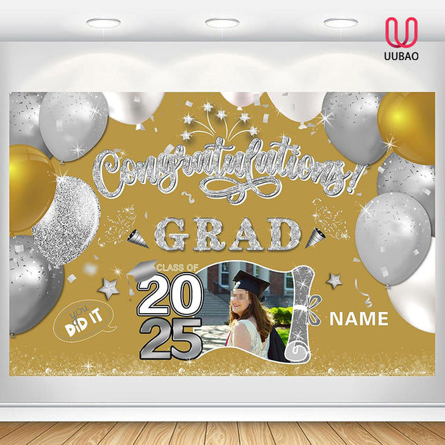 UUBAO Custom Graduation Party Decorations Personalization Banner Class of 2025 Backdrop (Champagne and Silver）
