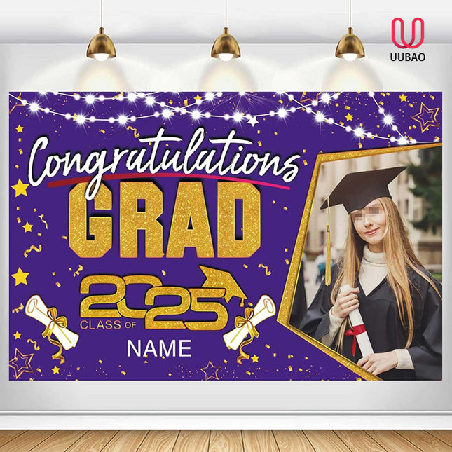 UUBAO Custom Graduation Party Decorations Personalization Banner Class of 2025 Backdrop (Purple and Gold)