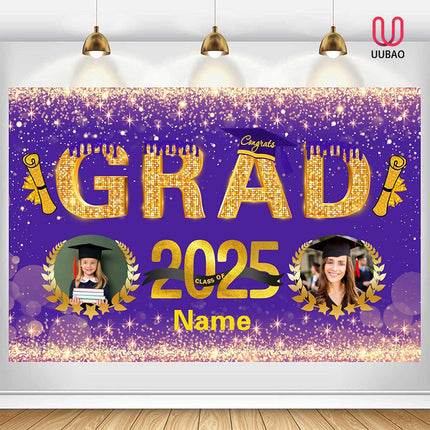 UUBAO Custom Graduation Party Decorations Personalization Banner Class of 2025 Backdrop (Purple and Gold)