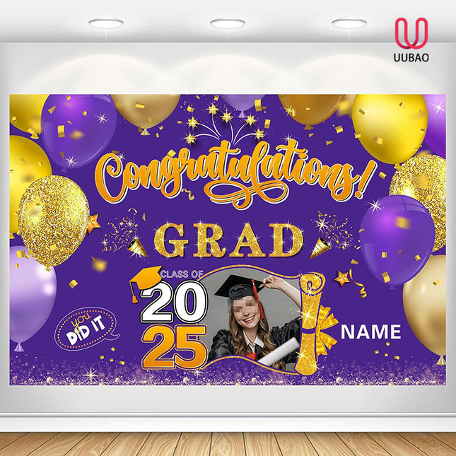 UUBAO Custom Graduation Party Decorations Personalization Banner Class of 2025 Backdrop (Purple and Gold)