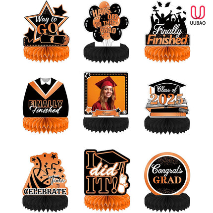 UUBAO 9 PCS Custom Graduation Party Honeycomb Centerpieces Class of 2025 Congrats Grad Decorations Congratulate Graduation Table Toppers for Graduation Party Favor Supplies (Orange)