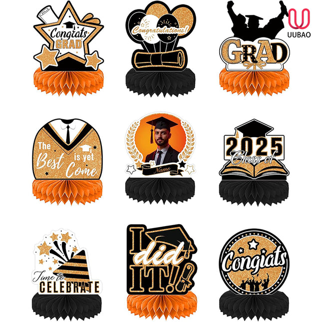 UUBAO 9 PCS Custom Graduation Party Honeycomb Centerpieces Class of 2025 Congrats Grad Decorations Congratulate Graduation Table Toppers for Graduation Party Favor Supplies (Orange)