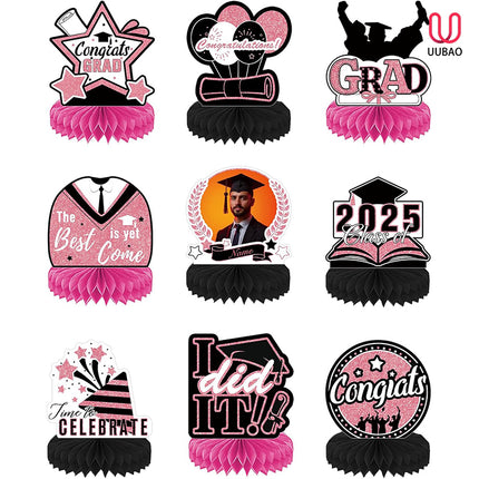 UUBAO 9 PCS Custom Graduation Party Honeycomb Centerpieces Class of 2025 Congrats Grad Decorations Congratulate Graduation Table Toppers for Graduation Party Favor Supplies (Pink)