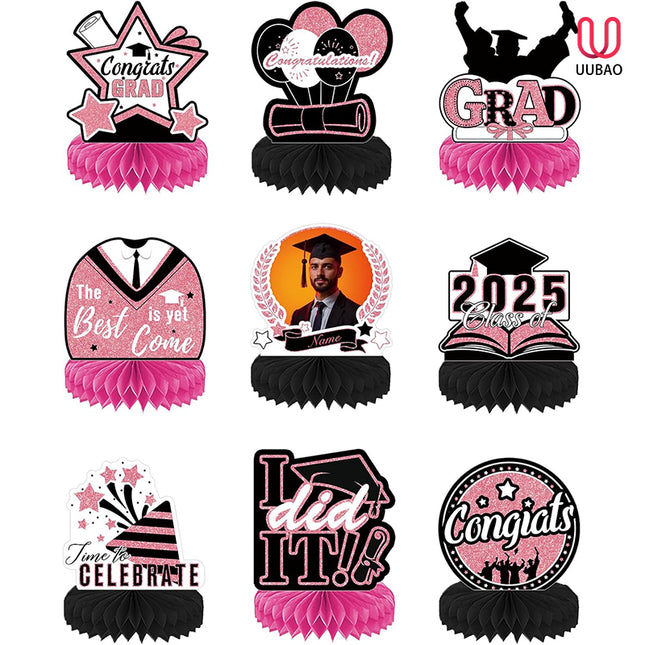 UUBAO 9 PCS Custom Graduation Party Honeycomb Centerpieces Class of 2025 Congrats Grad Decorations Congratulate Graduation Table Toppers for Graduation Party Favor Supplies (Pink)