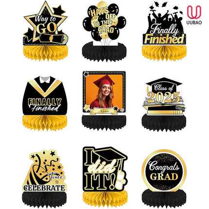 UUBAO 9 PCS Custom Graduation Party Honeycomb Centerpieces Class of 2025 Congrats Grad Decorations Congratulate Graduation Table Toppers for Graduation Party Favor Supplies (Black and Gold)