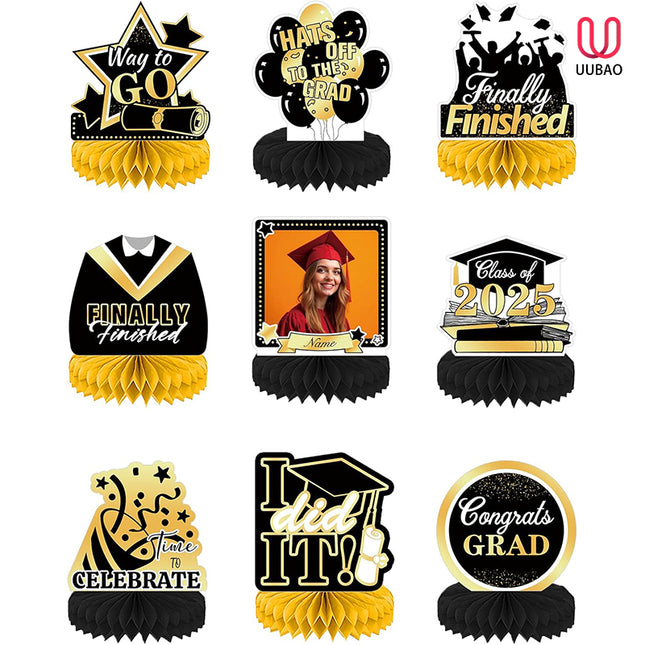 UUBAO 9 PCS Custom Graduation Party Honeycomb Centerpieces Class of 2025 Congrats Grad Decorations Congratulate Graduation Table Toppers for Graduation Party Favor Supplies (Black and Gold)