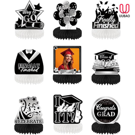 UUBAO 9 PCS Custom Graduation Party Honeycomb Centerpieces Class of 2025 Congrats Grad Decorations Congratulate Graduation Table Toppers for Graduation Party Favor Supplies (Black and Silver)