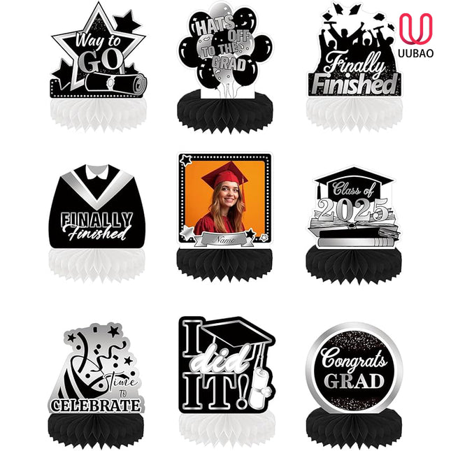 UUBAO 9 PCS Custom Graduation Party Honeycomb Centerpieces Class of 2025 Congrats Grad Decorations Congratulate Graduation Table Toppers for Graduation Party Favor Supplies (Black and Silver)