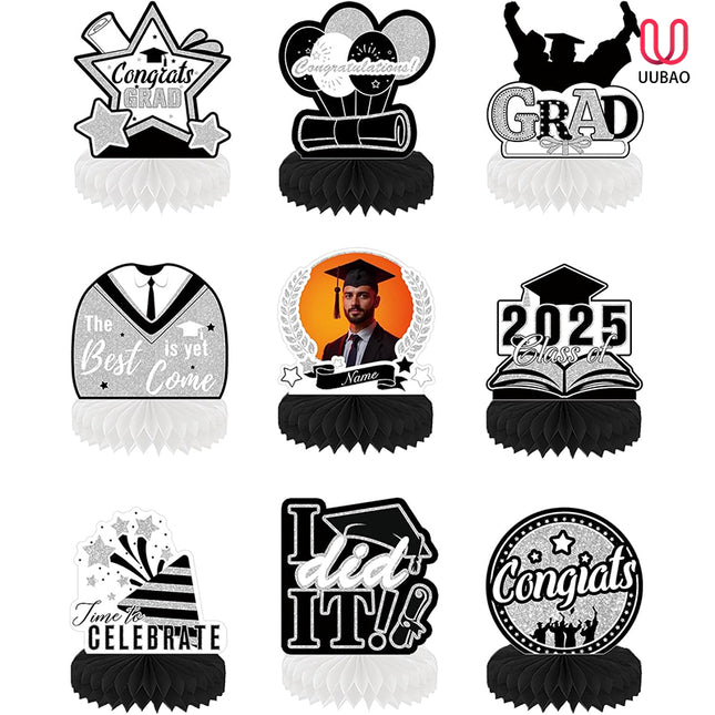 UUBAO 9 PCS Custom Graduation Party Honeycomb Centerpieces Class of 2025 Congrats Grad Decorations Congratulate Graduation Table Toppers for Graduation Party Favor Supplies (Black and Silver)