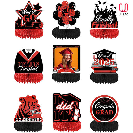 UUBAO 9 PCS Custom Graduation Party Honeycomb Centerpieces Class of 2025 Congrats Grad Decorations Congratulate Graduation Table Toppers for Graduation Party Favor Supplies (Red)
