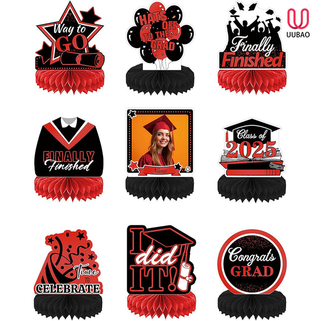 UUBAO 9 PCS Custom Graduation Party Honeycomb Centerpieces Class of 2025 Congrats Grad Decorations Congratulate Graduation Table Toppers for Graduation Party Favor Supplies (Red)