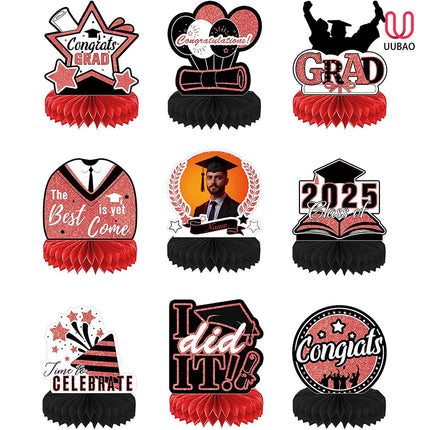 UUBAO 9 PCS Custom Graduation Party Honeycomb Centerpieces Class of 2025 Congrats Grad Decorations Congratulate Graduation Table Toppers for Graduation Party Favor Supplies (Red)