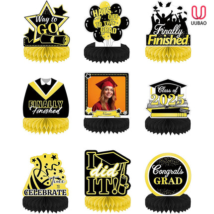 UUBAO 9 PCS Custom Graduation Party Honeycomb Centerpieces Class of 2025 Congrats Grad Decorations Congratulate Graduation Table Toppers for Graduation Party Favor Supplies (Yellow)