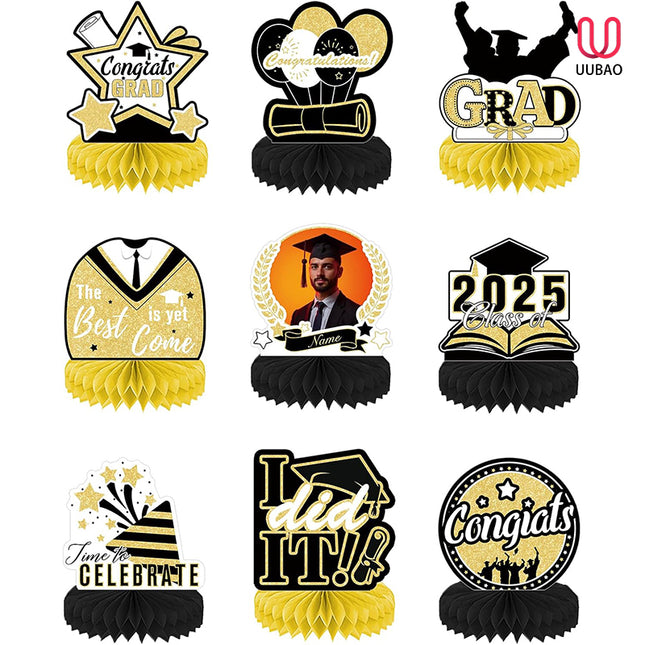 UUBAO 9 PCS Custom Graduation Party Honeycomb Centerpieces Class of 2025 Congrats Grad Decorations Congratulate Graduation Table Toppers for Graduation Party Favor Supplies (Yellow)